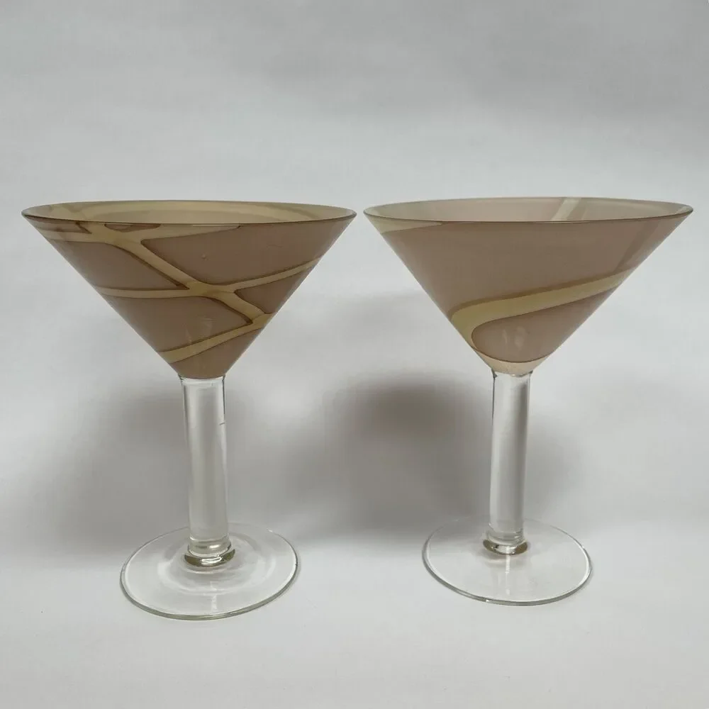 Pier 1 One Beige Clear Glass Martini Margarita Stem Glasses 6 5/8